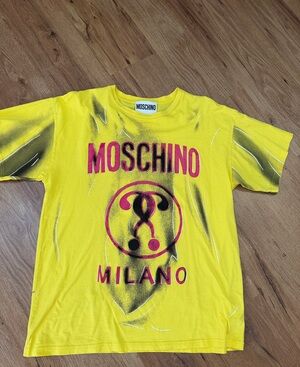 Moschino Graffiti Yellow Tee with Pink Logo & Black Graphic, size L